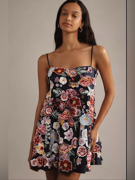 Anthropologie Dresses & Skirts - Anthropologie 3D Floral Embroidered Babydoll Mini Dress Navy Size Large